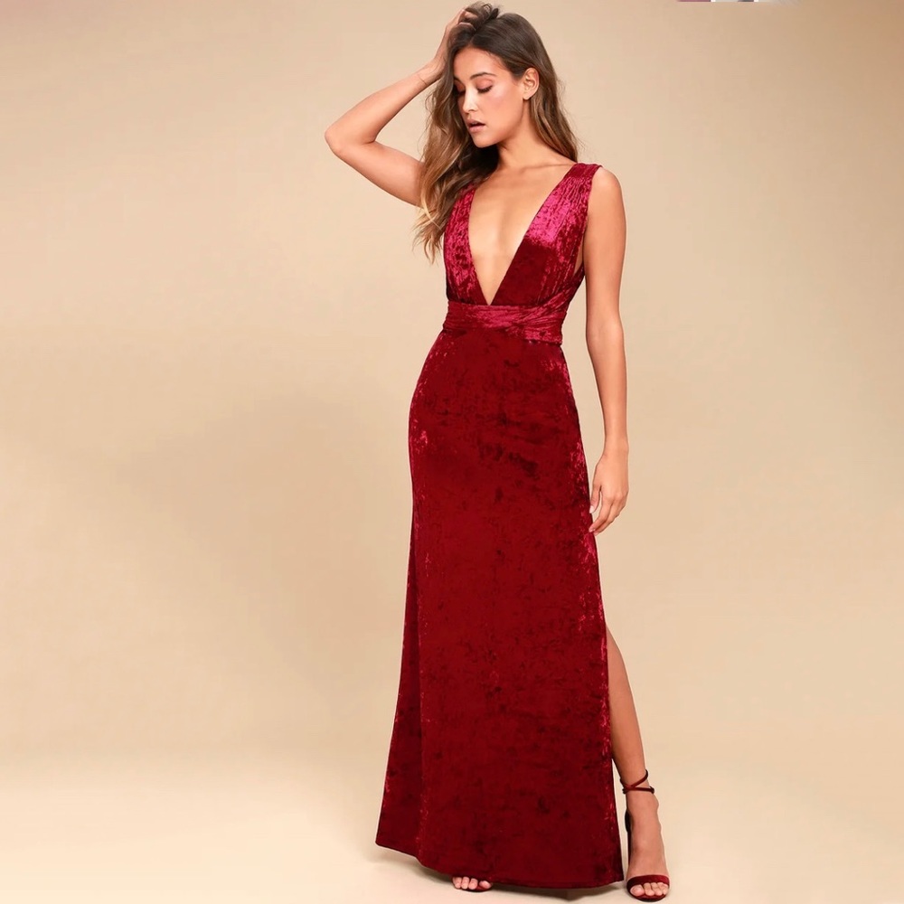 Lulu’s Dreams of Sheen Burgundy Velvet Convertible Maxi Dress